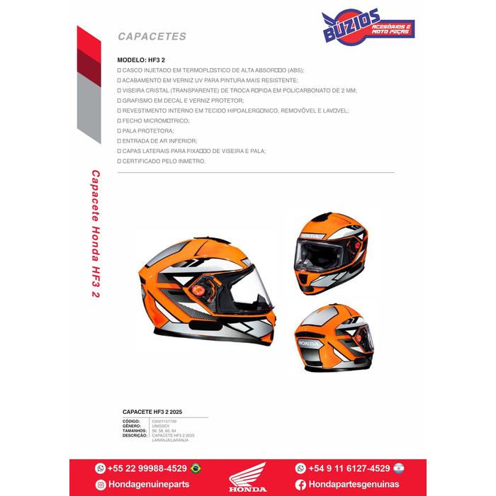 C0501157799 Capacete Laranja Honda HF3 2 2025 Original