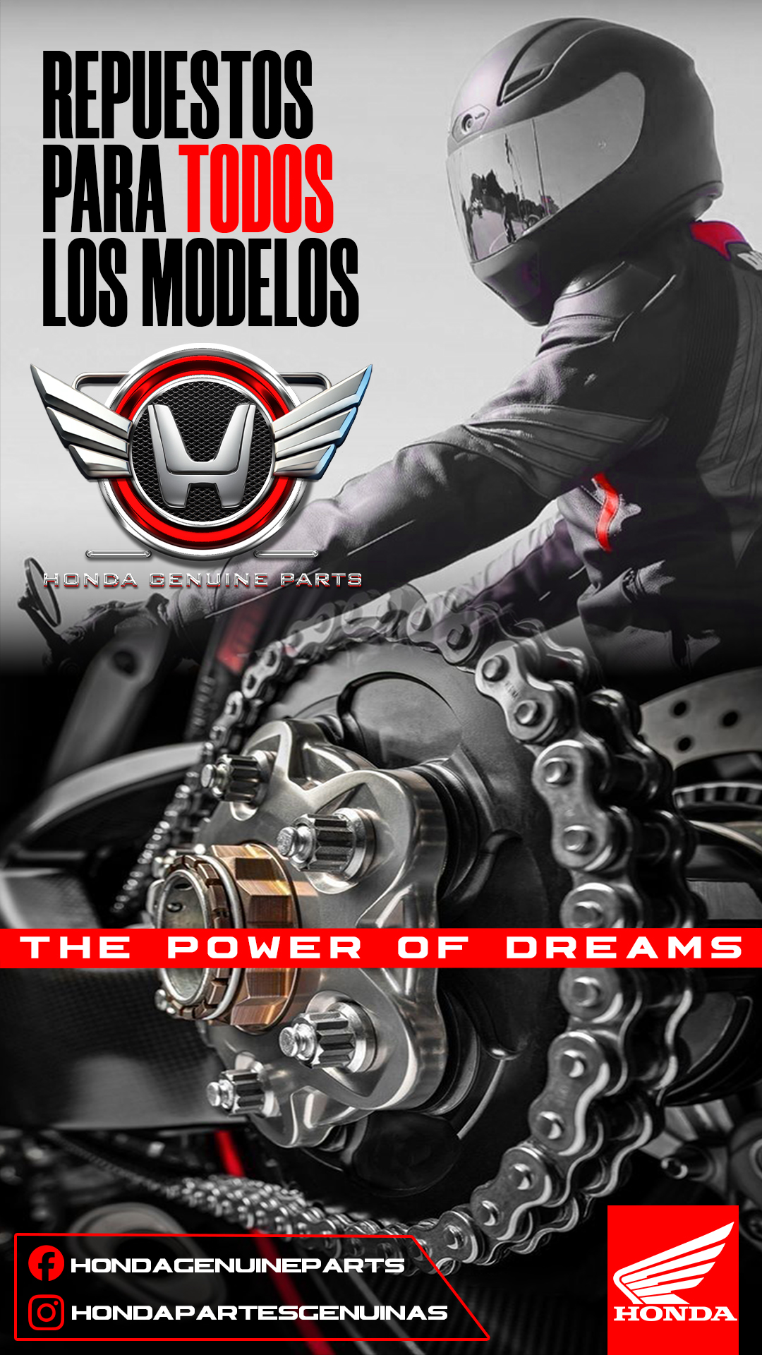 ? Mantn tu Honda en su Mejor Forma con Repuestos Originales ?  En el mundo de las motocicletas, la calidad es la clave para un rendimiento duradero. Confa en nuestra lnea de Repuestos Originales Honda Genuine Parts para garantizar que tu moto contine rodando con la misma excelencia con la que fue diseada.